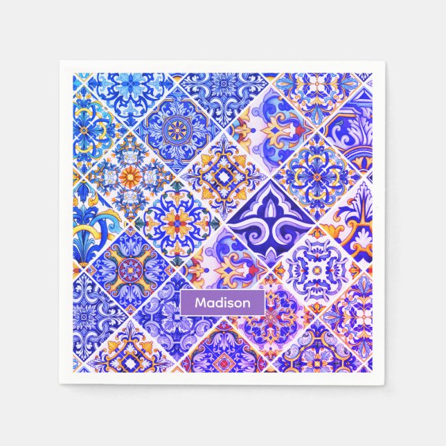 Mexican Sicilian Mediterranean purple blue tiles Napkins (Front)