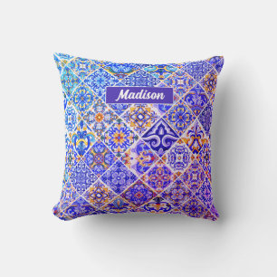 Mexican Sicilian Mediterranean purple blue tiles Throw Pillow