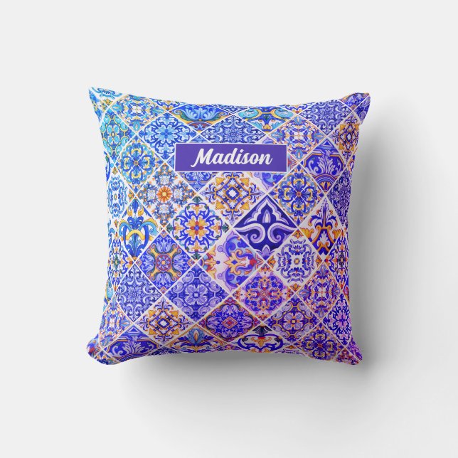 Mexican Sicilian Mediterranean purple blue tiles Throw Pillow (Front)