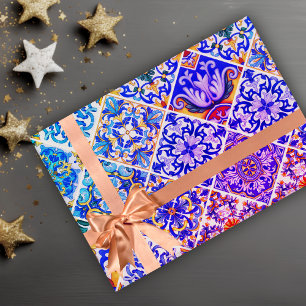 Mexican Sicilian Mediterranean purple blue tiles Wrapping Paper