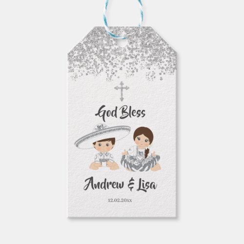 Mexican Silver Charro Baptism Twins Gift Tags