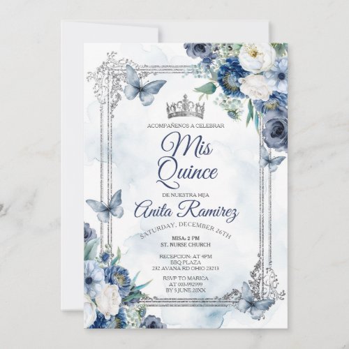 Mexican Silver Crown  Navy Blue Roses MIS QUINCE Invitation