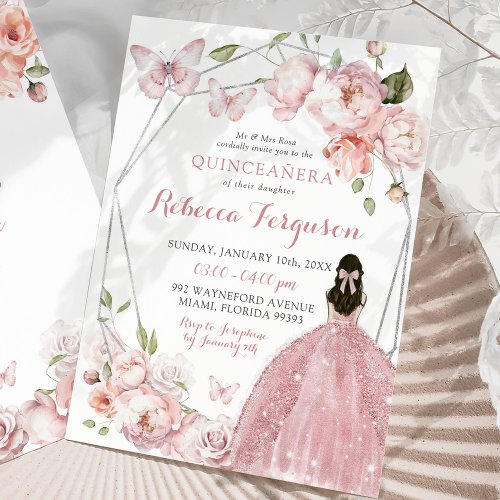 Mexican Silver Pink Floral Princess Quinceaera Invitation