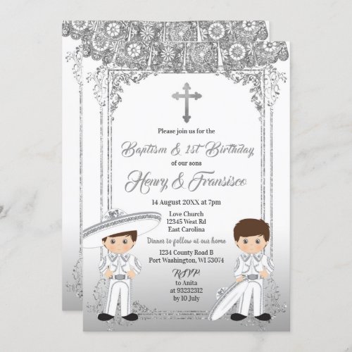 Mexican Silver Twin Boy Baptism and Birthday Invitation