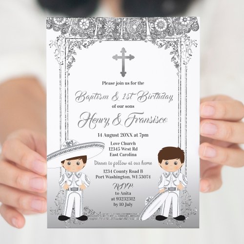 Mexican Silver Twin Boy Baptism and Birthday Invitation