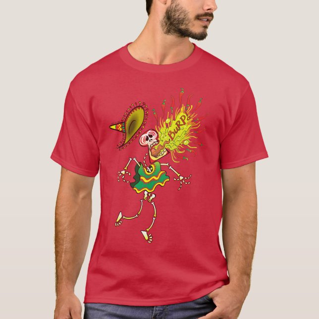 Mexican Skeleton Burping Hot Chili Peppers T-Shirt (Front)