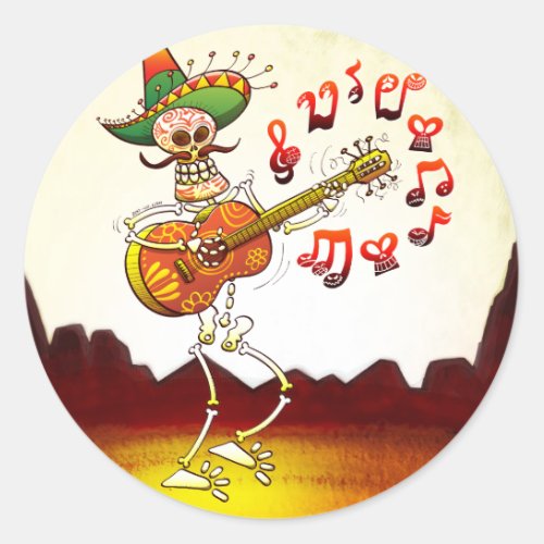 Mexican Skeleton Playing Guitar Classic Round Sticker