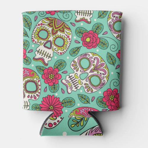 Mexican skull and flowers seamless can cooler