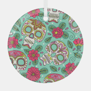 Mexican skull and flowers, seamless. glass ornament