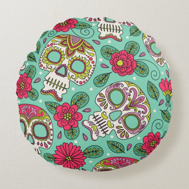 Mexican skull and flowers, seamless. round pillow (Front)