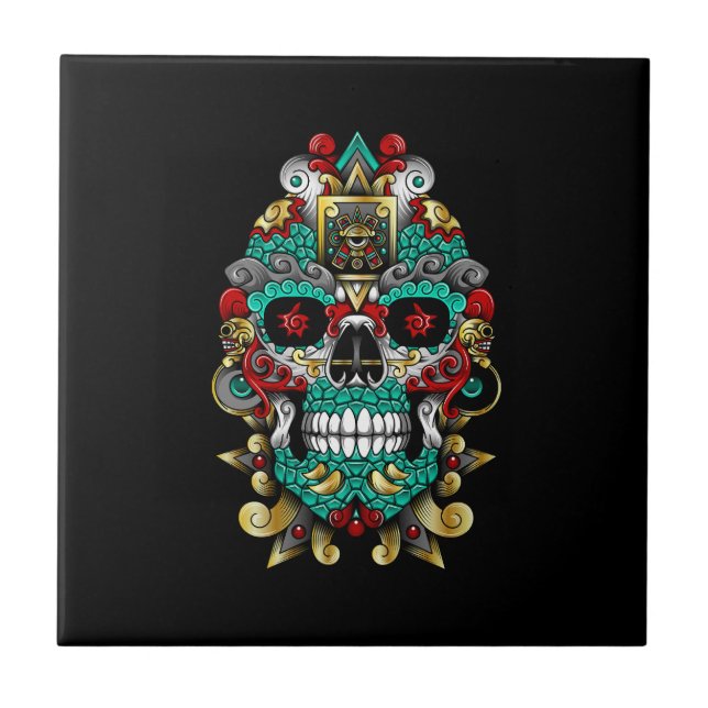 mexican skull art in huichol mood ceramic tile (Front)