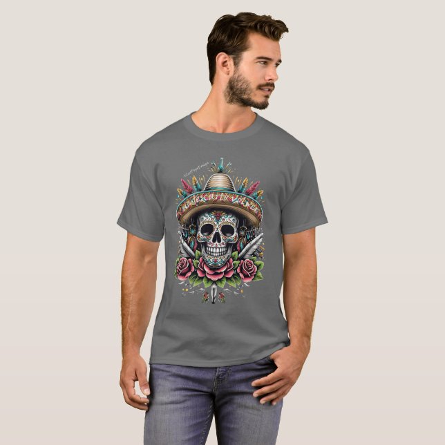 Mexican Skull, Calaca, Mexican Culture, Sombrero, T-Shirt (Front Full)