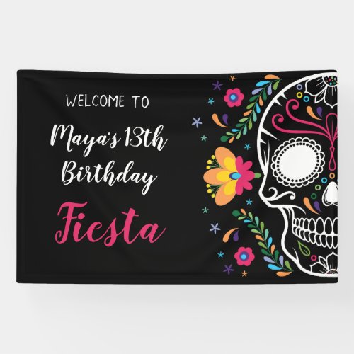 Mexican Skull Floral Fiesta Birthday Banner