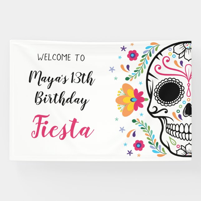 Mexican Skull Floral Fiesta Birthday Banner (Horizontal)