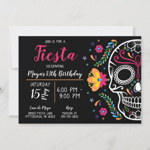 Mexican Skull Floral Fiesta Birthday Invitation