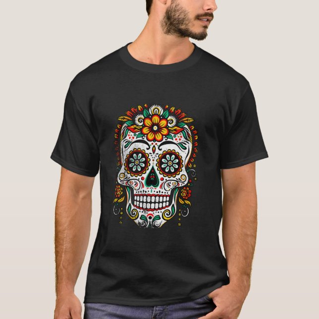Mexican skull sugar day dead dia muertos halloween T-Shirt (Front)