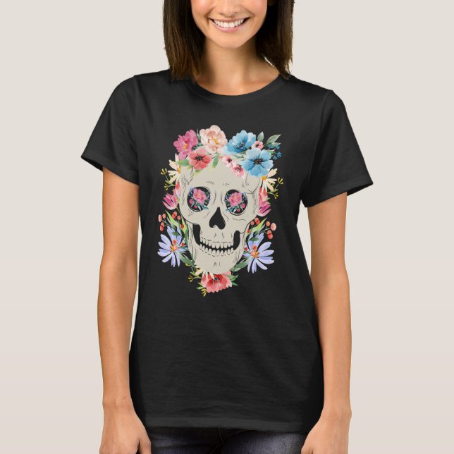 Mexican Skull with Flowers for the Day of the Dead T-Shirt (Front)