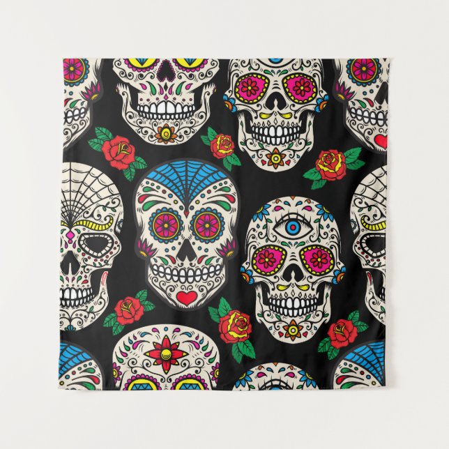 Mexican Skulls & Roses: Vintage Design Tapestry (Front)