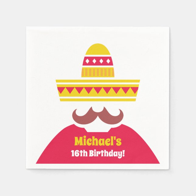 Mexican Sombrero Moustache Birthday Party Supplies Napkins (Front)