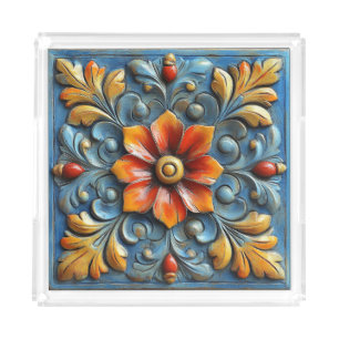 Mexican Spanish Floral Orange and Blue Acrylic Tray