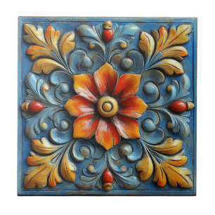 Mexican Spanish Floral Orange and Blue Ceramic Tile