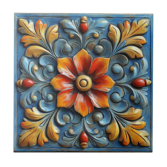 Mexican Spanish Floral Orange and Blue Ceramic Tile (Front)