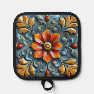 Mexican Spanish Floral Orange and Blue Pot Holder