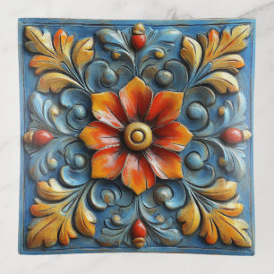 Mexican Spanish Floral Orange and Blue Trinket Tray
