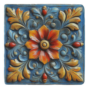 Mexican Spanish Floral Orange and Blue Trivet