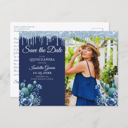 Mexican Style Blue Quinceaera Save the Date Postcard