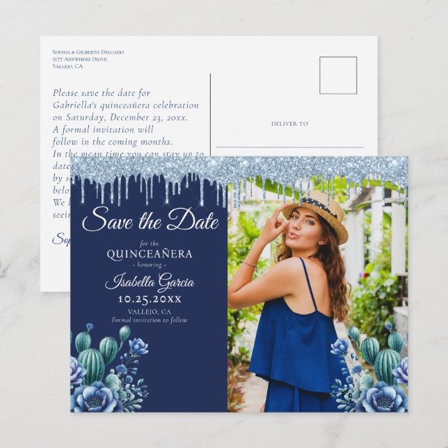 Mexican Style Blue Quinceañera Save the Date Postcard (Front/Back)