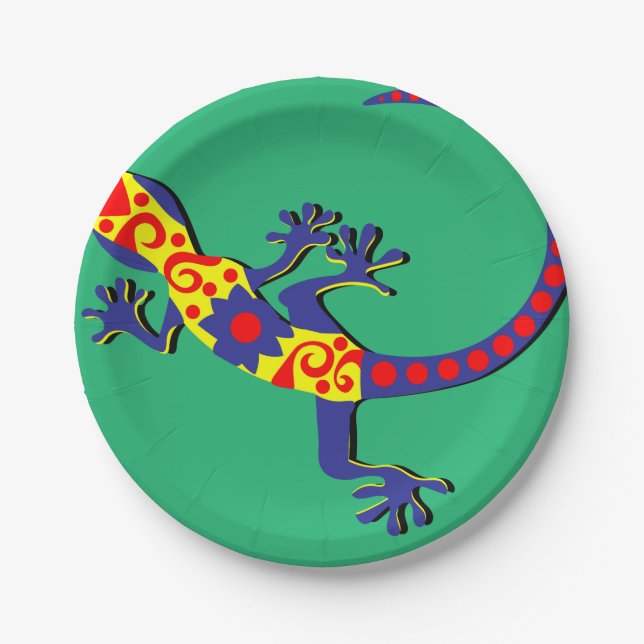 Mexican Style Blue, Yellow and Red Gecko Paper Plates (Front)