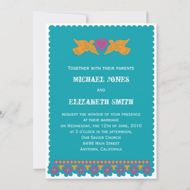 Mexican Style Love Birds Wedding Invitation Aqua (Front)