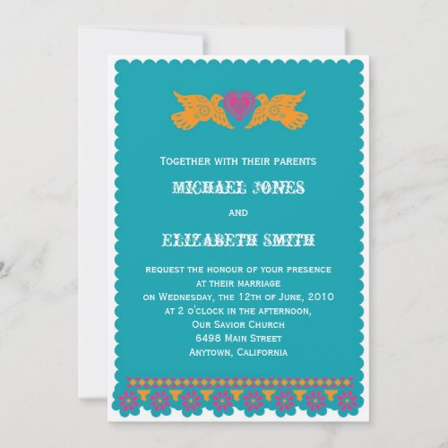 Mexican Style Love Birds Wedding Invitation Aqua