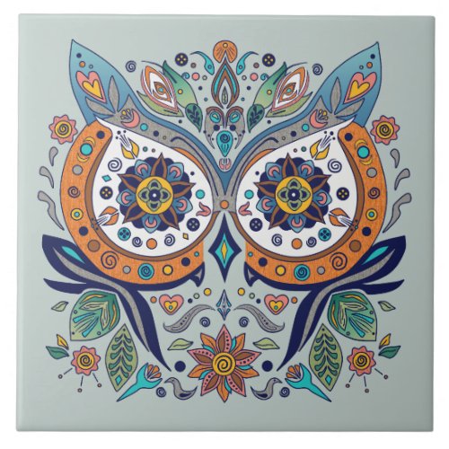 Mexican Style Owl Face Flowers Leaves Ceramic Tile