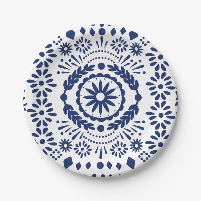 Mexican Style Papel Picado Navy Blue Paper Plates (Front)