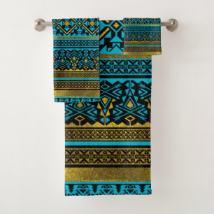 Mexican Style pattern - black, teal and gold Bath Towel Set