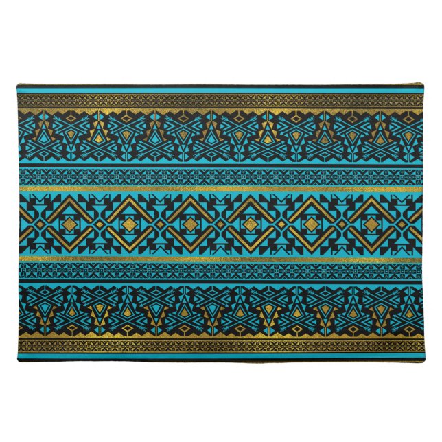 Mexican Style pattern - black, teal and gold Cloth Placemat (Front)