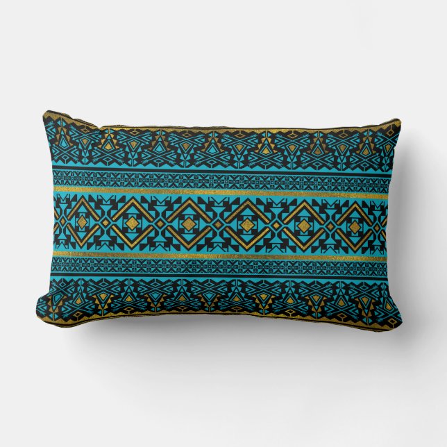 Mexican Style pattern - black, teal and gold Lumbar Pillow (Front)