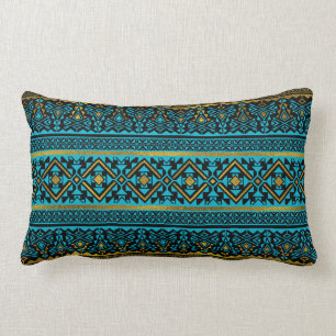 Mexican Style pattern - black, teal and gold Lumbar Pillow