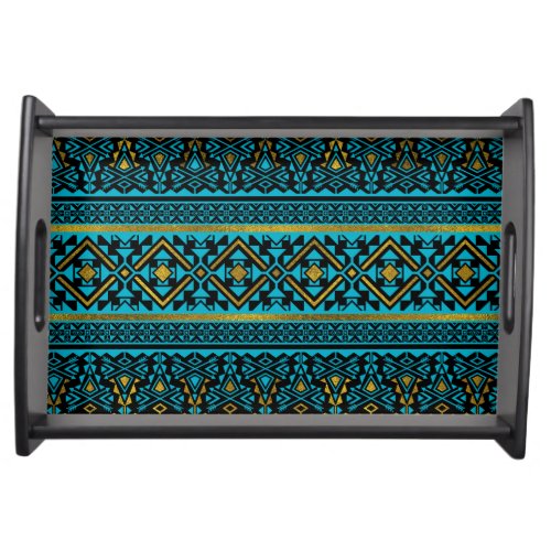 Mexican Style pattern _ black teal and gold Serving Tray