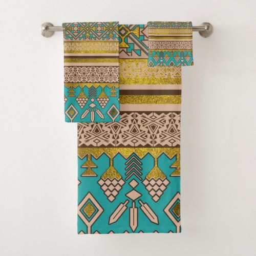 Mexican Style pattern _ teal gold and earthy colo Bath Towel Set