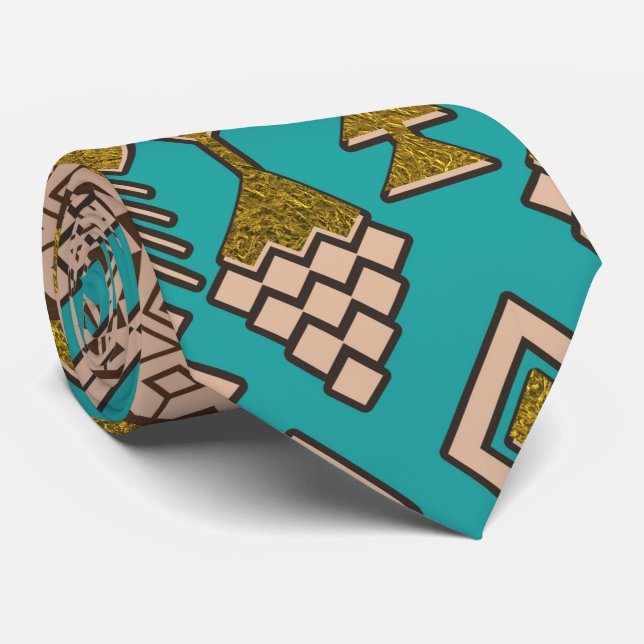 Mexican Style pattern - teal, gold and earthy colo Neck Tie (Rolled)