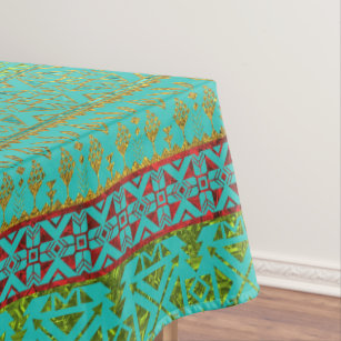 Mexican Style pattern - teal, gold and red glitter Tablecloth