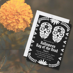 Mexican Sugar Skull 2 Black And White Invitation