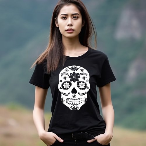 Mexican Sugar Skull 2 Black And White T_Shirt