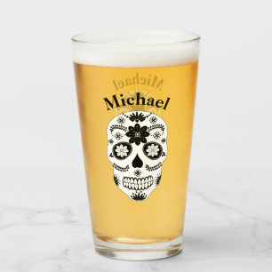 Mexican Sugar Skull Black And White 2 With Name Glass