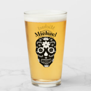 Mexican Sugar Skull Black And White 2 With Name Glass
