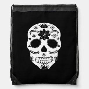 Mexican Sugar Skull Black And White Drawstring Bag
