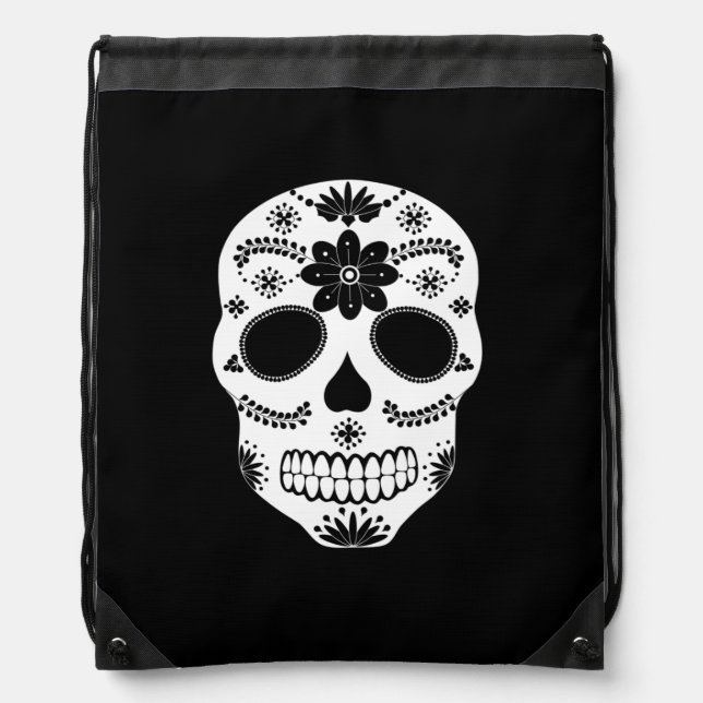 Mexican Sugar Skull Black And White Drawstring Bag (Front)